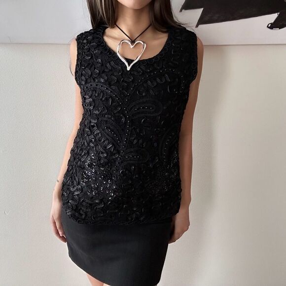 Vintage 90s Romantic goth whimsigoth Textured floral beaded Tank blouse - Picture 1 of 4